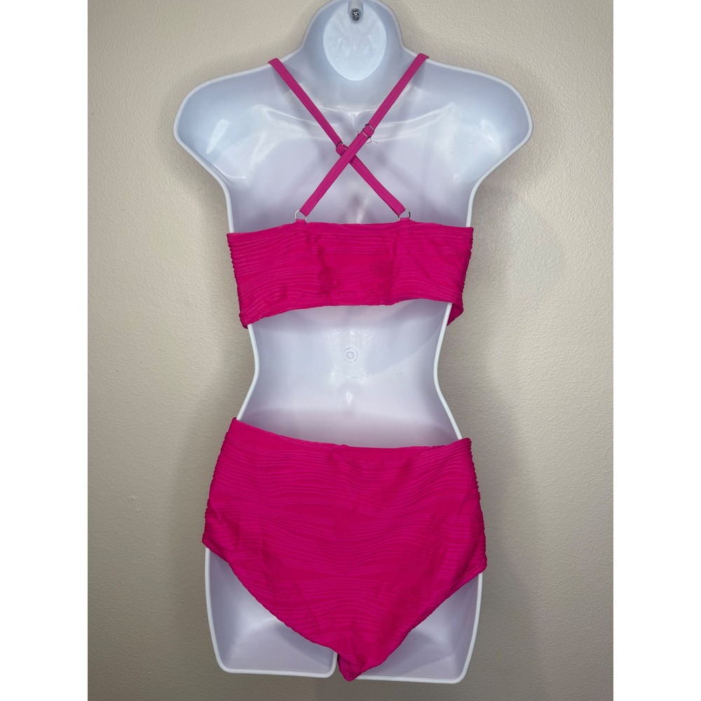 Hot Pink Textured U-Ring High Waisted Bikini Set Size M Neon Pink Swimsuit - Picture 3 of 6